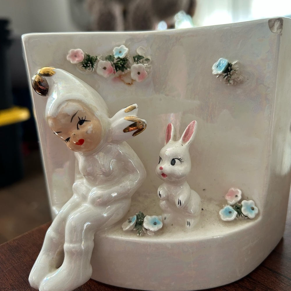 Lefton Angel In Snowsuit w/Easter Bunny & Flowers Irridized Figurine
Planter